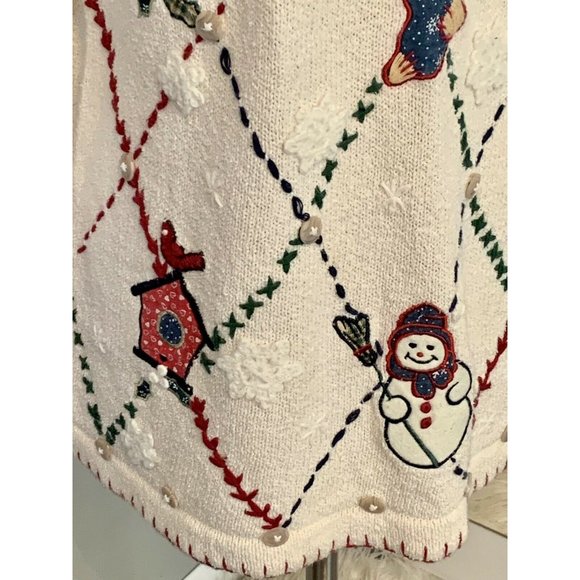 Vintage Christmas sweater pullover cream plaid Victoria Jones size M snowman - Picture 6 of 9